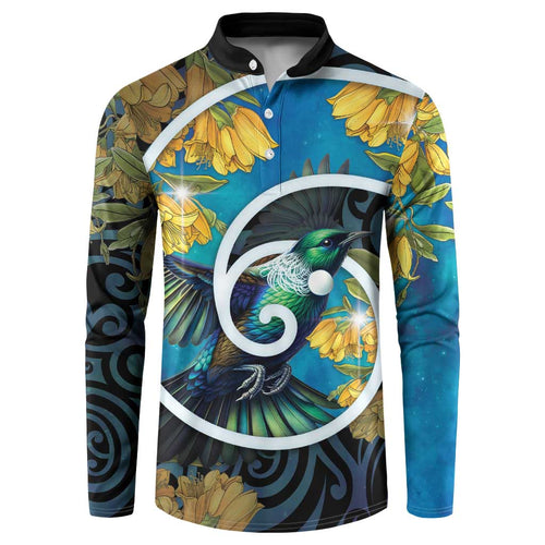 New Zealand Tui Bird Button Sweatshirt Maori Koru With Kowhai Flowers