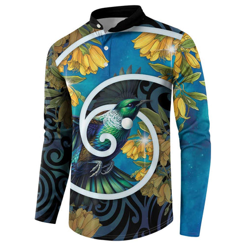 New Zealand Tui Bird Button Sweatshirt Maori Koru With Kowhai Flowers
