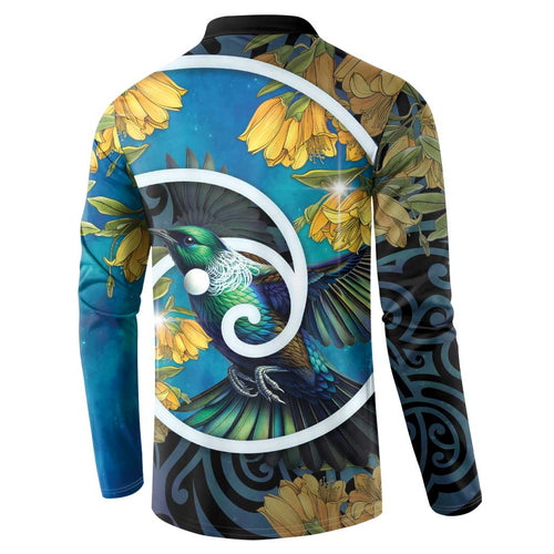 New Zealand Tui Bird Button Sweatshirt Maori Koru With Kowhai Flowers