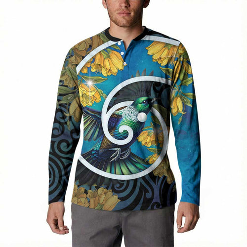 New Zealand Tui Bird Button Sweatshirt Maori Koru With Kowhai Flowers