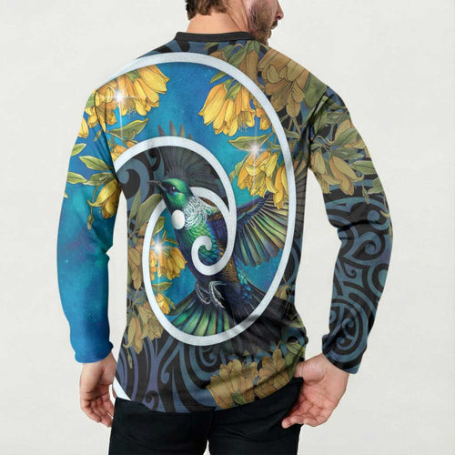 New Zealand Tui Bird Button Sweatshirt Maori Koru With Kowhai Flowers