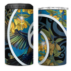 New Zealand Tui Bird 4 in 1 Can Cooler Tumbler Maori Koru With Kowhai Flowers