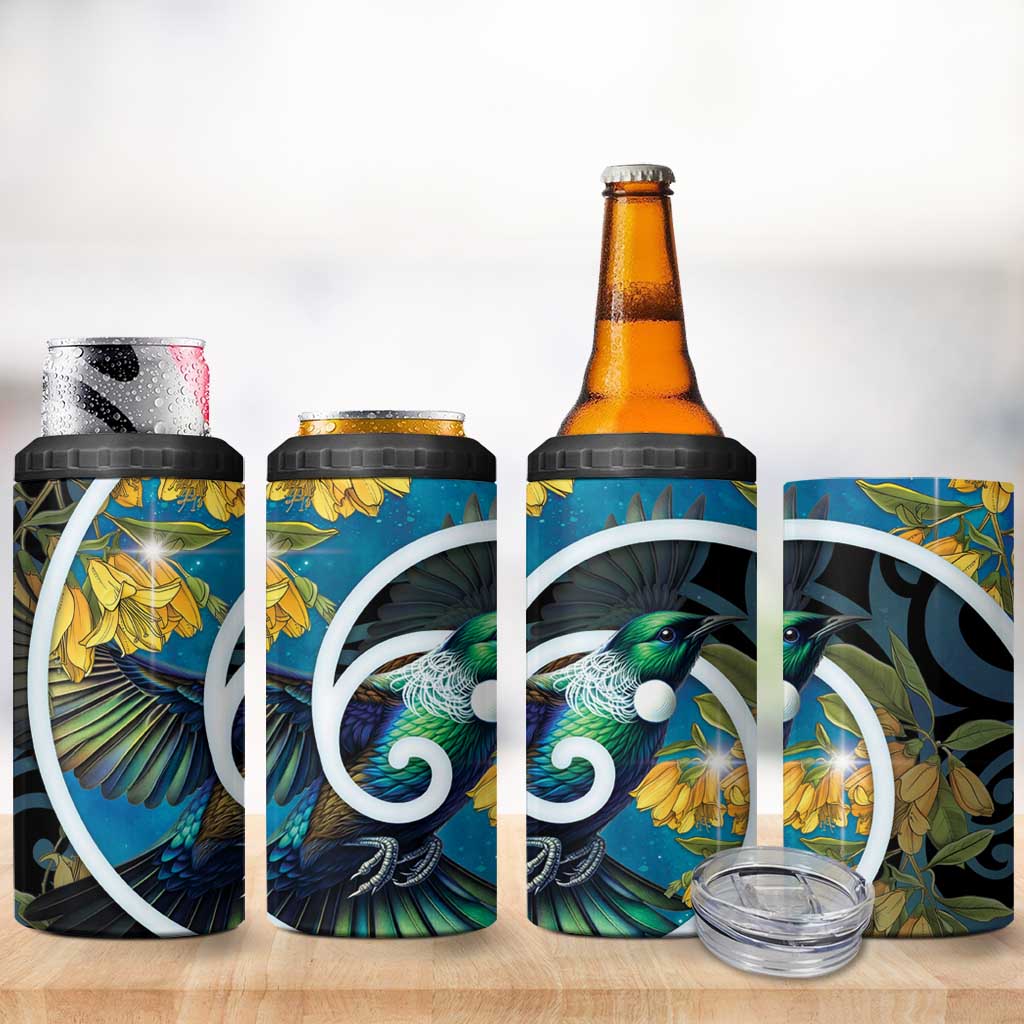 New Zealand Tui Bird 4 in 1 Can Cooler Tumbler Maori Koru With Kowhai Flowers