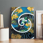 New Zealand Tui Bird Canvas Wall Art Maori Koru With Kowhai Flowers