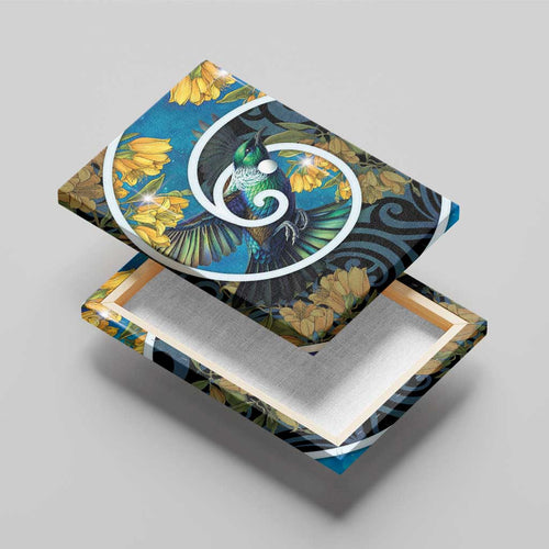 New Zealand Tui Bird Canvas Wall Art Maori Koru With Kowhai Flowers