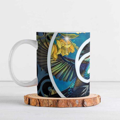 New Zealand Tui Bird Ceramic Mug Maori Koru With Kowhai Flowers