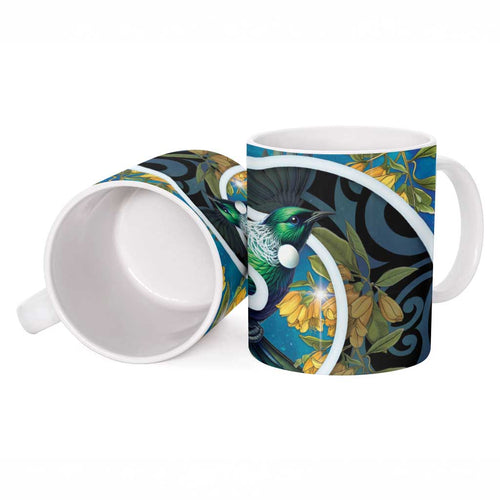 New Zealand Tui Bird Ceramic Mug Maori Koru With Kowhai Flowers
