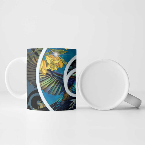 New Zealand Tui Bird Ceramic Mug Maori Koru With Kowhai Flowers