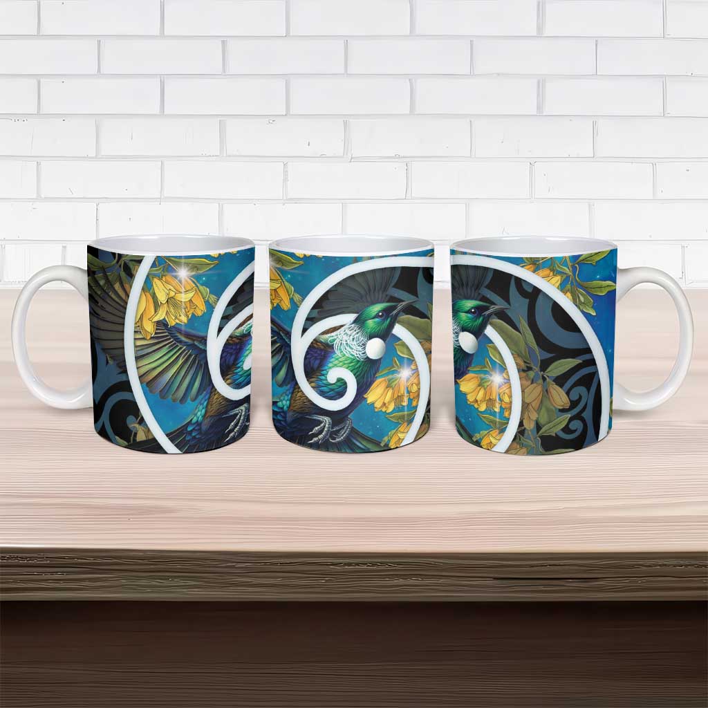 New Zealand Tui Bird Ceramic Mug Maori Koru With Kowhai Flowers