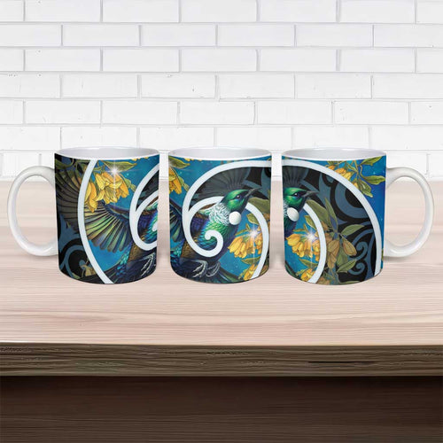 New Zealand Tui Bird Ceramic Mug Maori Koru With Kowhai Flowers
