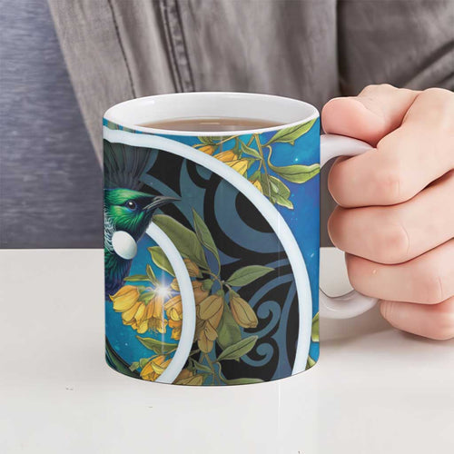 New Zealand Tui Bird Ceramic Mug Maori Koru With Kowhai Flowers