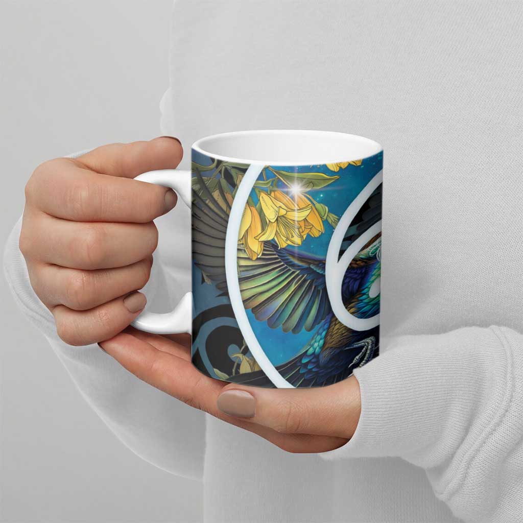 New Zealand Tui Bird Ceramic Mug Maori Koru With Kowhai Flowers
