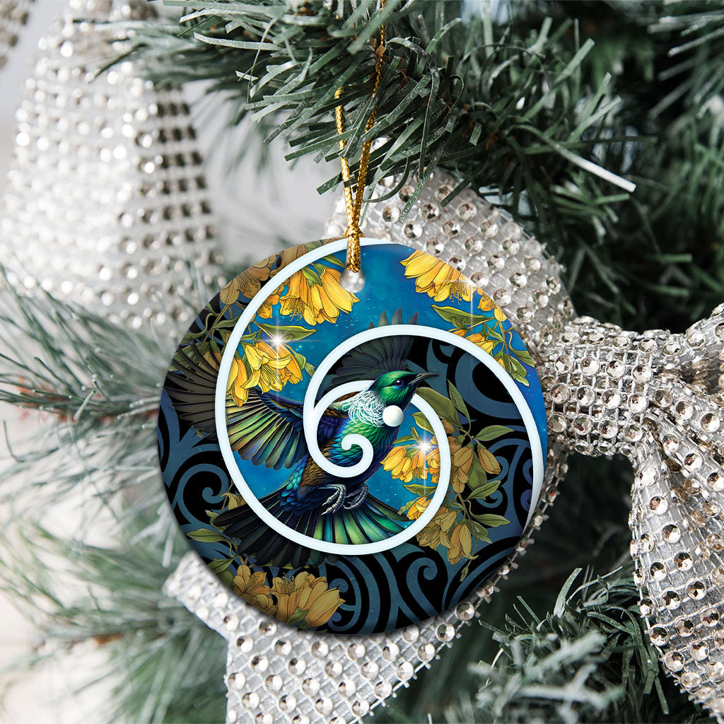 New Zealand Tui Bird Ceramic Ornament Maori Koru With Kowhai Flowers