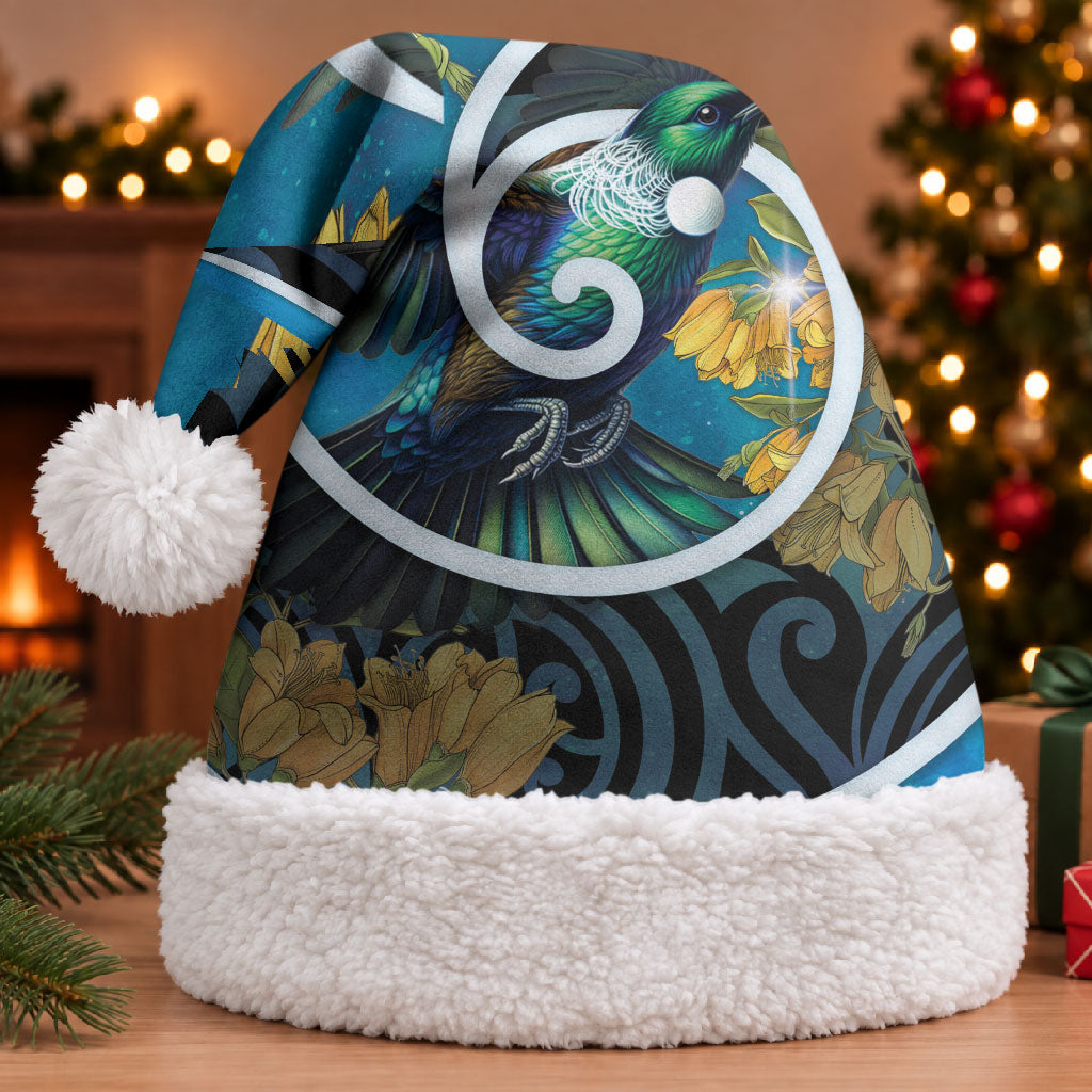 New Zealand Tui Bird Christmas Santa Hat Maori Koru With Kowhai Flowers
