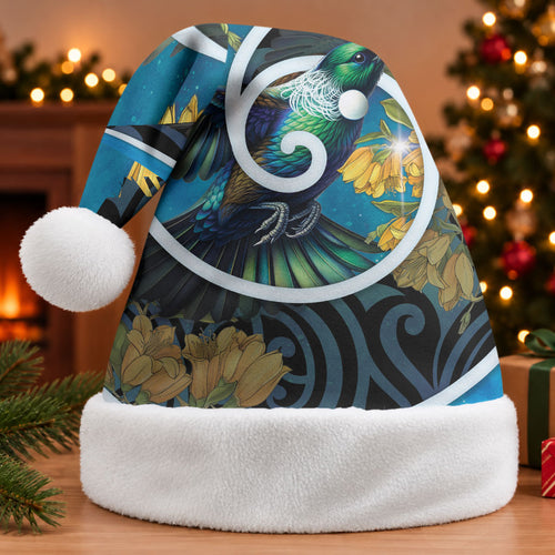 New Zealand Tui Bird Christmas Santa Hat Maori Koru With Kowhai Flowers