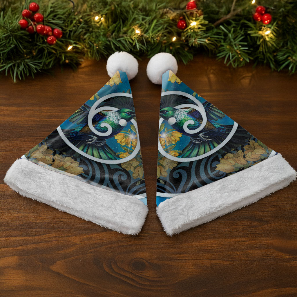 New Zealand Tui Bird Christmas Santa Hat Maori Koru With Kowhai Flowers
