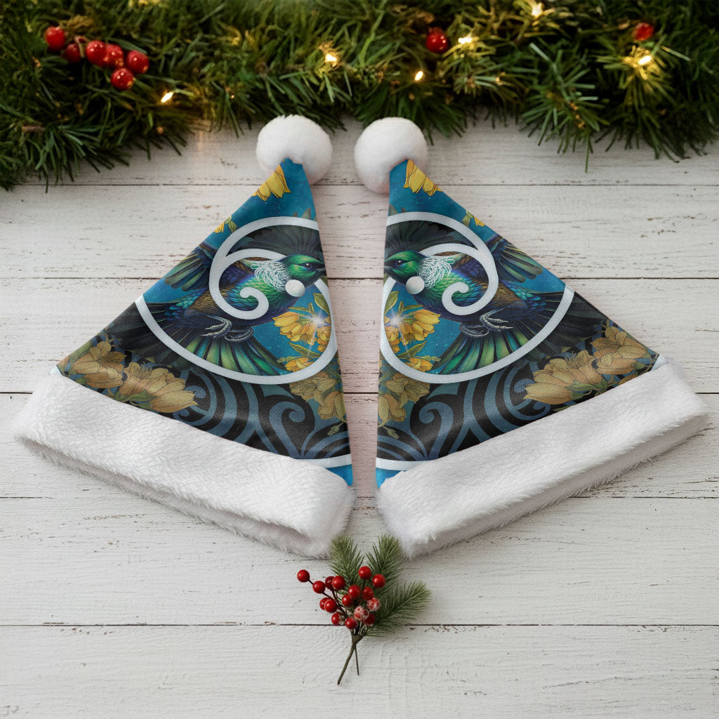 New Zealand Tui Bird Christmas Santa Hat Maori Koru With Kowhai Flowers