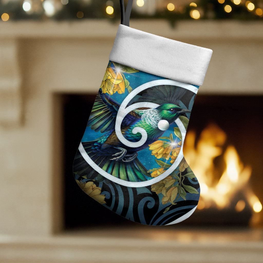 New Zealand Tui Bird Christmas Stocking Maori Koru With Kowhai Flowers