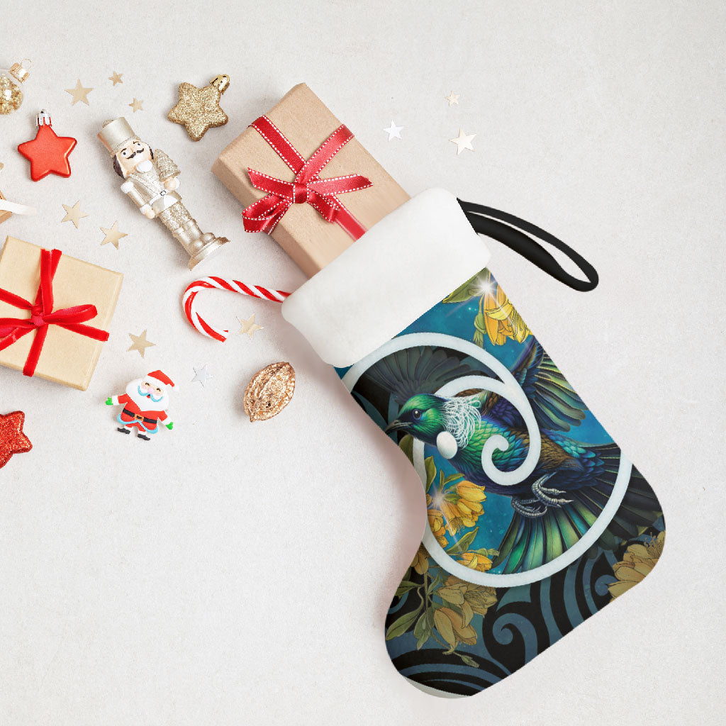 New Zealand Tui Bird Christmas Stocking Maori Koru With Kowhai Flowers