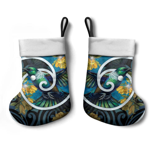 New Zealand Tui Bird Christmas Stocking Maori Koru With Kowhai Flowers