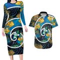 New Zealand Tui Bird Couples Matching Long Sleeve Bodycon Dress and Hawaiian Shirt Maori Koru With Kowhai Flowers
