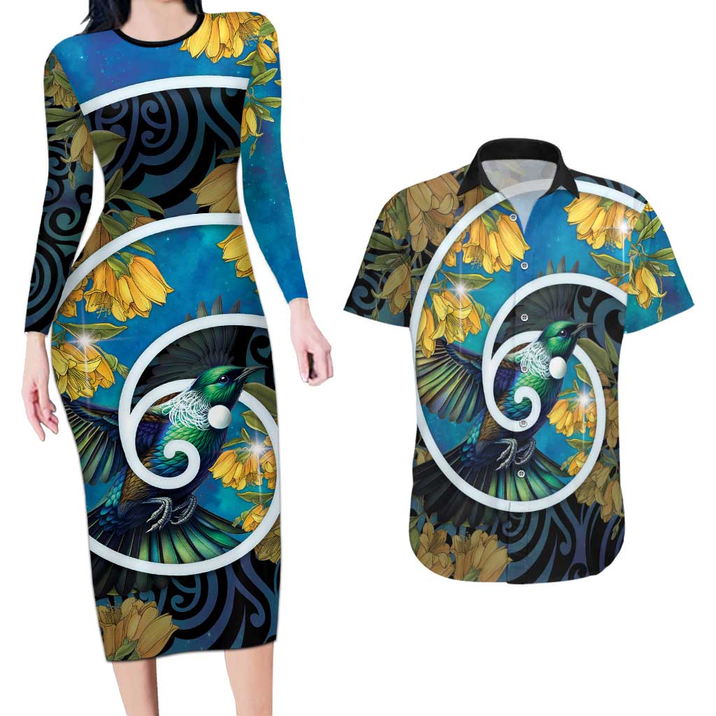 New Zealand Tui Bird Couples Matching Long Sleeve Bodycon Dress and Hawaiian Shirt Maori Koru With Kowhai Flowers