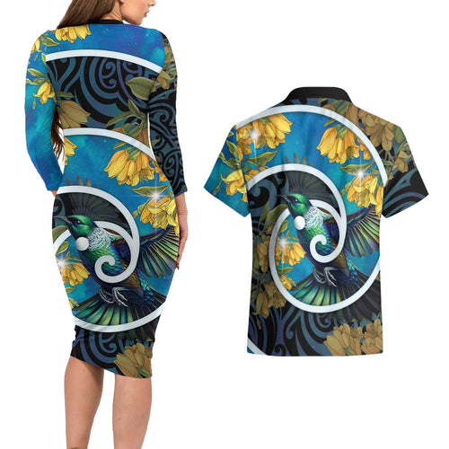 New Zealand Tui Bird Couples Matching Long Sleeve Bodycon Dress and Hawaiian Shirt Maori Koru With Kowhai Flowers