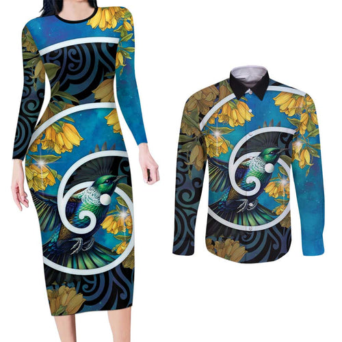 New Zealand Tui Bird Couples Matching Long Sleeve Bodycon Dress and Long Sleeve Button Shirt Maori Koru With Kowhai Flowers