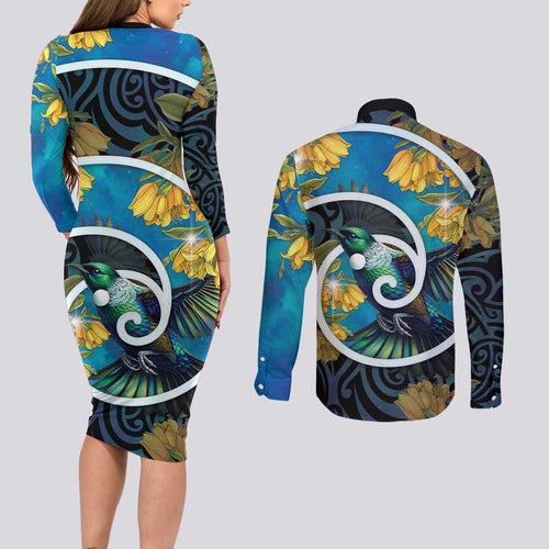 New Zealand Tui Bird Couples Matching Long Sleeve Bodycon Dress and Long Sleeve Button Shirt Maori Koru With Kowhai Flowers