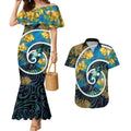 New Zealand Tui Bird Couples Matching Mermaid Dress and Hawaiian Shirt Maori Koru With Kowhai Flowers