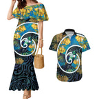 New Zealand Tui Bird Couples Matching Mermaid Dress and Hawaiian Shirt Maori Koru With Kowhai Flowers