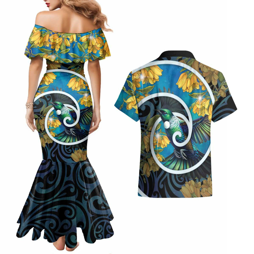 New Zealand Tui Bird Couples Matching Mermaid Dress and Hawaiian Shirt Maori Koru With Kowhai Flowers