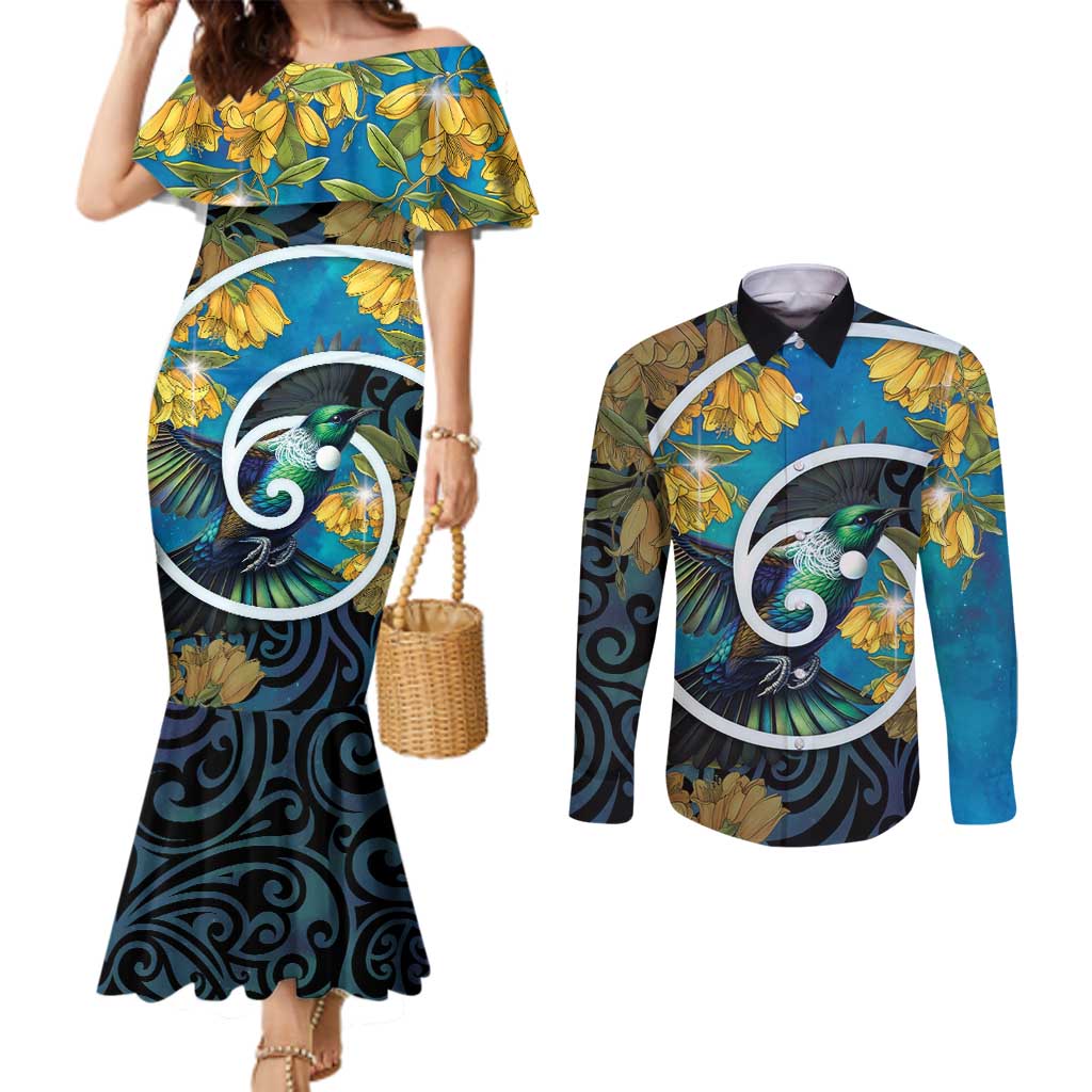 New Zealand Tui Bird Couples Matching Mermaid Dress and Long Sleeve Button Shirt Maori Koru With Kowhai Flowers