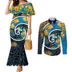 New Zealand Tui Bird Couples Matching Mermaid Dress and Long Sleeve Button Shirt Maori Koru With Kowhai Flowers