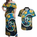 New Zealand Tui Bird Couples Matching Off Shoulder Maxi Dress and Hawaiian Shirt Maori Koru With Kowhai Flowers