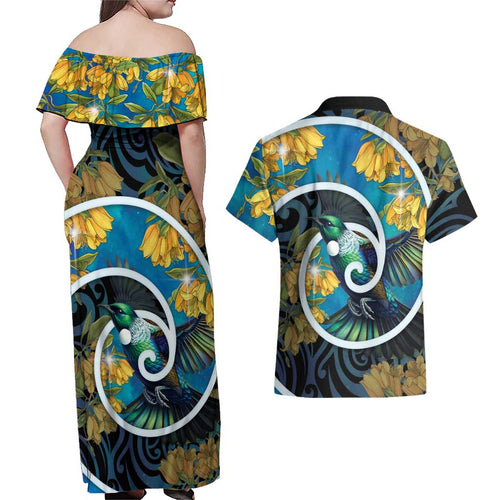 New Zealand Tui Bird Couples Matching Off Shoulder Maxi Dress and Hawaiian Shirt Maori Koru With Kowhai Flowers