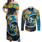 New Zealand Tui Bird Couples Matching Off Shoulder Maxi Dress and Long Sleeve Button Shirt Maori Koru With Kowhai Flowers