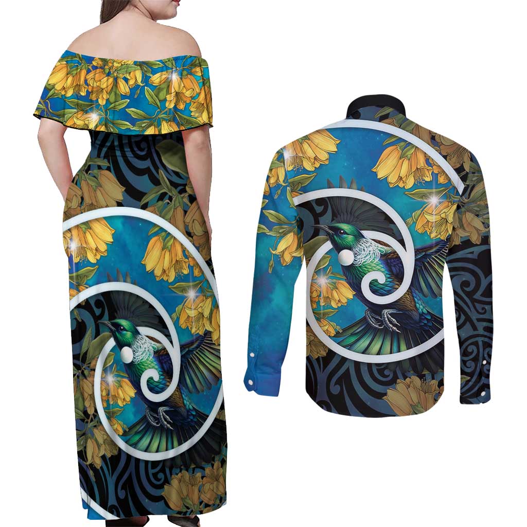 New Zealand Tui Bird Couples Matching Off Shoulder Maxi Dress and Long Sleeve Button Shirt Maori Koru With Kowhai Flowers