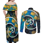 New Zealand Tui Bird Couples Matching Off Shoulder Maxi Dress and Long Sleeve Button Shirt Maori Koru With Kowhai Flowers