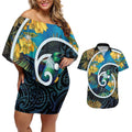 New Zealand Tui Bird Couples Matching Off Shoulder Short Dress and Hawaiian Shirt Maori Koru With Kowhai Flowers