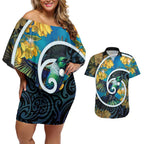 New Zealand Tui Bird Couples Matching Off Shoulder Short Dress and Hawaiian Shirt Maori Koru With Kowhai Flowers