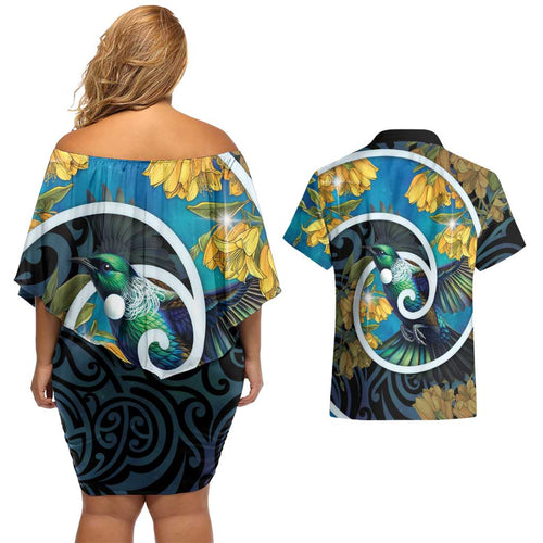 New Zealand Tui Bird Couples Matching Off Shoulder Short Dress and Hawaiian Shirt Maori Koru With Kowhai Flowers