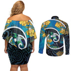 New Zealand Tui Bird Couples Matching Off Shoulder Short Dress and Long Sleeve Button Shirt Maori Koru With Kowhai Flowers