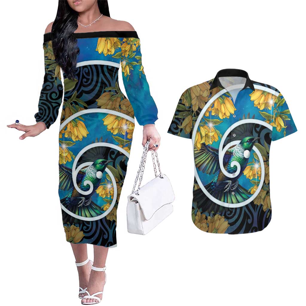 New Zealand Tui Bird Couples Matching Off The Shoulder Long Sleeve Dress and Hawaiian Shirt Maori Koru With Kowhai Flowers