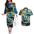 New Zealand Tui Bird Couples Matching Off The Shoulder Long Sleeve Dress and Hawaiian Shirt Maori Koru With Kowhai Flowers