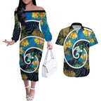 New Zealand Tui Bird Couples Matching Off The Shoulder Long Sleeve Dress and Hawaiian Shirt Maori Koru With Kowhai Flowers