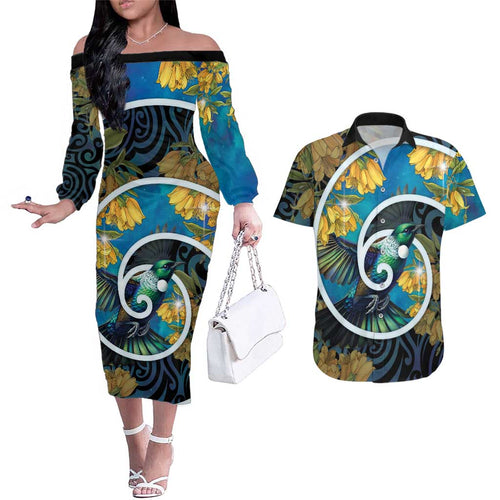 New Zealand Tui Bird Couples Matching Off The Shoulder Long Sleeve Dress and Hawaiian Shirt Maori Koru With Kowhai Flowers