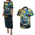 New Zealand Tui Bird Couples Matching Puletasi and Hawaiian Shirt Maori Koru With Kowhai Flowers