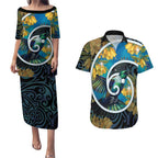 New Zealand Tui Bird Couples Matching Puletasi and Hawaiian Shirt Maori Koru With Kowhai Flowers
