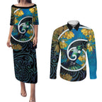 New Zealand Tui Bird Couples Matching Puletasi and Long Sleeve Button Shirt Maori Koru With Kowhai Flowers
